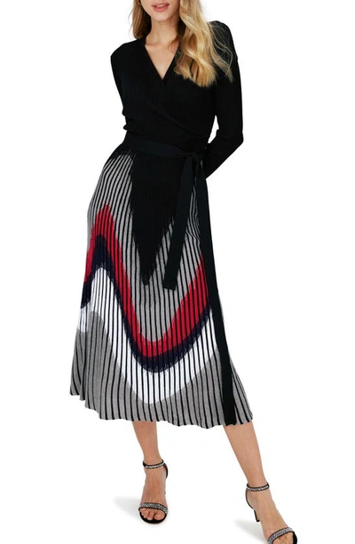 Diane Von Furstenberg Reiko Ribbed Faux-wrap Colorblock Midi Dress In Black