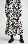 Max Mara Udente Floral-print Side-stripe Tiered Maxi Skirt In White Black
