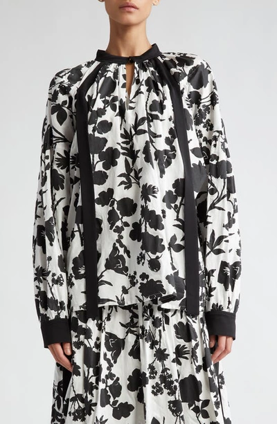 Max Mara Gaetana Floral-print Long-sleeve Blouse In White Black