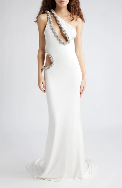 Stella Mccartney Crystal Rope Cutout One-shoulder Jersey Gown In Off White