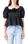 English Factory Corsage Detail Cotton Poplin Top In Black