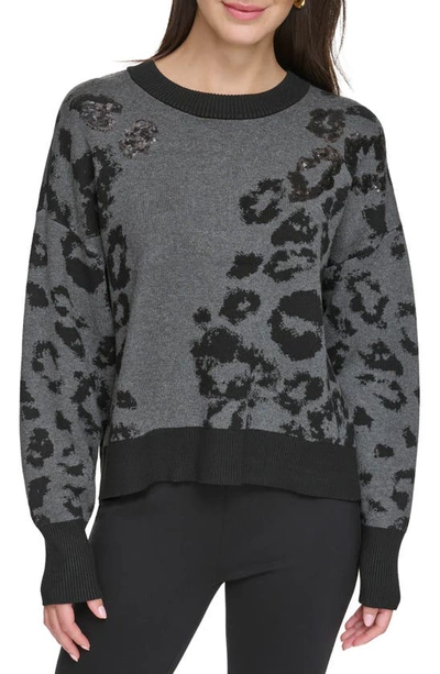 Dkny Women's Animal-pattern Textured Contrast Sweater In Granite Heather/black