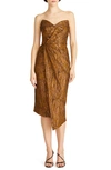 Theia Marcy Pleated Strapless Jacquard Midi Dress In Gold Nectar