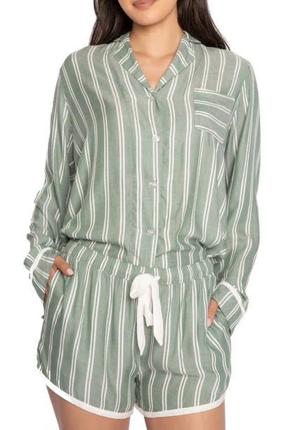 Pj Salvage Stripe Hype Long-sleeve & Shorts Pajama Set In Green