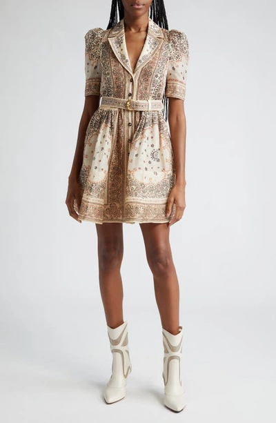 Zimmermann Matchmaker Belted Paisley-print Linen And Silk-blend Mini Dress In Cream Bandana