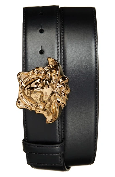 Versace Medusa Head Leather Belt In Black- Gold