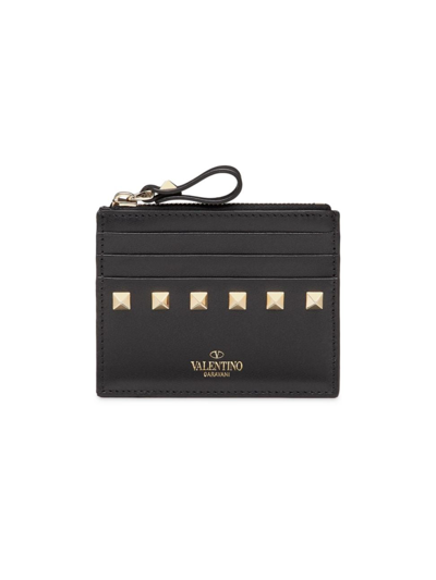Valentino Garavani Women's Rockstud Calfskin Cardholder With Zipper In Black