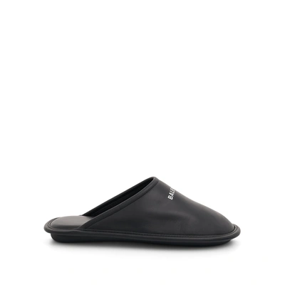 Balenciaga Logo Leather Slippers In Black White