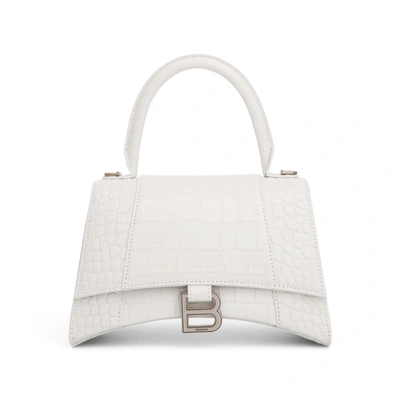 Balenciaga Hourglass Small Shiny Croc-embossed Top-handle Bag In White
