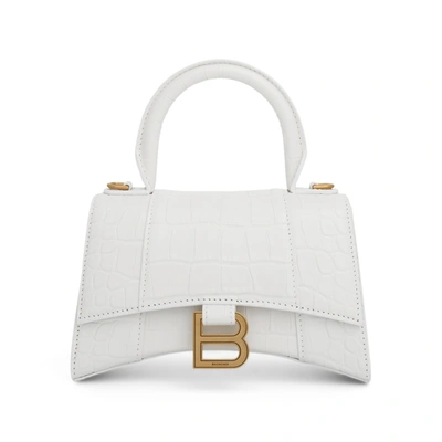 Balenciaga Xs Hourglass Croc Embossed Leather Bag In White