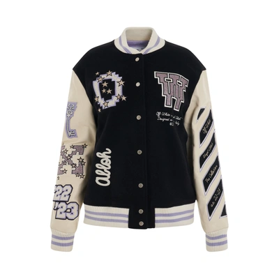 OFF-WHITE WOMEN'S EMBROIDERED PATCH LOGO VARSITY JACKET
