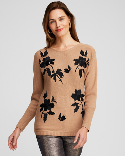Chico's Floral Embroidered Pullover Sweater In Brown Size Large |