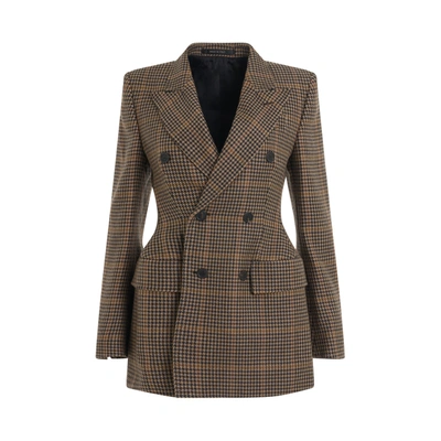 Balenciaga Hourglass Houndstooth Strong Shoulder Double Breasted Wool Blend Blazer In Beige