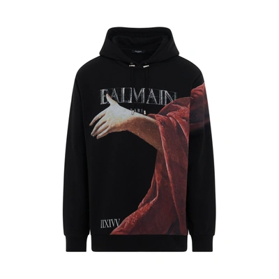 Balmain Printed Hoodie In Black Red