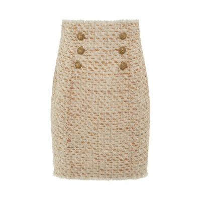 BALMAIN WOMEN'S HIGH WAISTED 6 BUTTON TWEED SHORT SKIRT