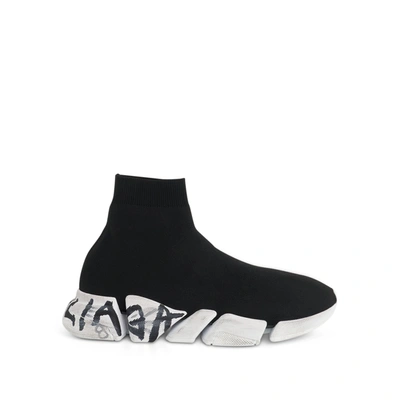 Balenciaga Speed 2.0 Lace-up Graffiti Recycled Knit Sneaker In Black White
