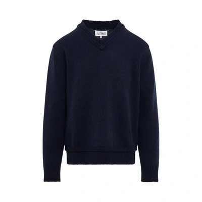 Maison Margiela Navy Ribbed Sweater In Blue