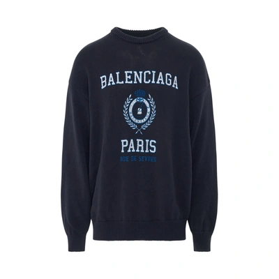 Balenciaga College Crest Knit Long Sleeve Crewneck In Blue