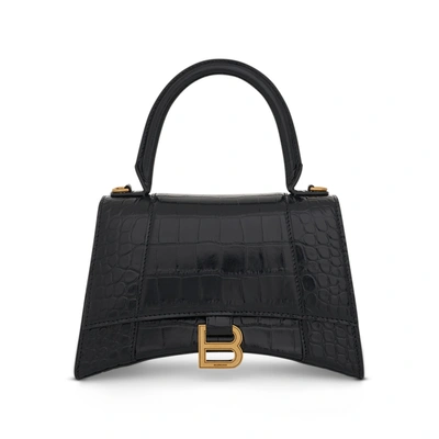 Balenciaga Hourglass Small Croc-embossed Leather Top-handle Bag In Black