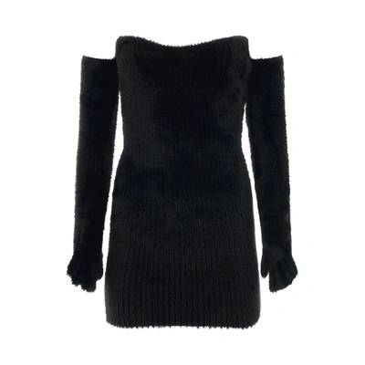 Off-white Fuzzy Body-con Mini Dress With Attached Gloves In Black