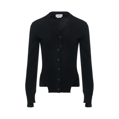 Alexander Mcqueen Woman Black Cashmere Cardigan With Corset Stitching