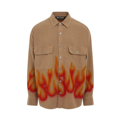 Palm Angels Burning Logo Herringbone Cotton Shirt In Neutrals
