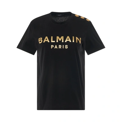 Balmain Classic 3 Buttons Metallic Logo T-shirt In Black