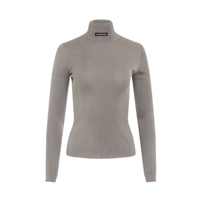 Balenciaga Long Sleeve Fitted Rib Knit Turtleneck In Gray