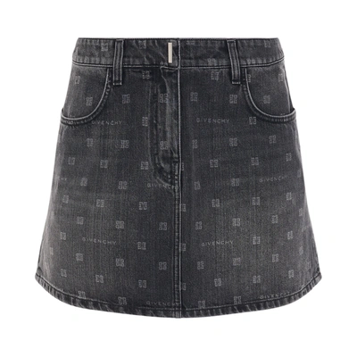 Givenchy Denim Skirt With Iconic 4g All-over Pattern In Black