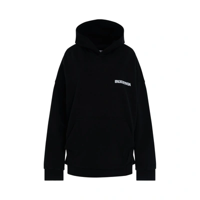 Balenciaga Embroidered Turn Logo Wide Fit Hoodie Washed Black