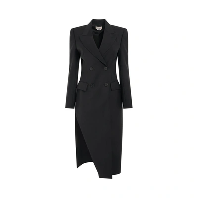 Alexander Mcqueen Double Breasted Slit Detail Coat In Black