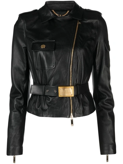 Elisabetta Franchi Belted Cropped Biker Jacket In Black  