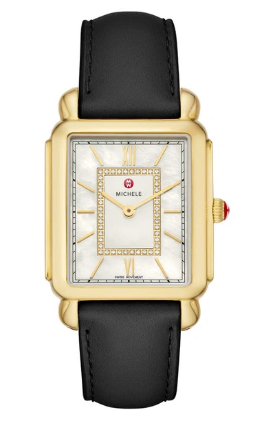 Michele Deco Ii Diamond Leather Strap Watch, 30mm In Gold
