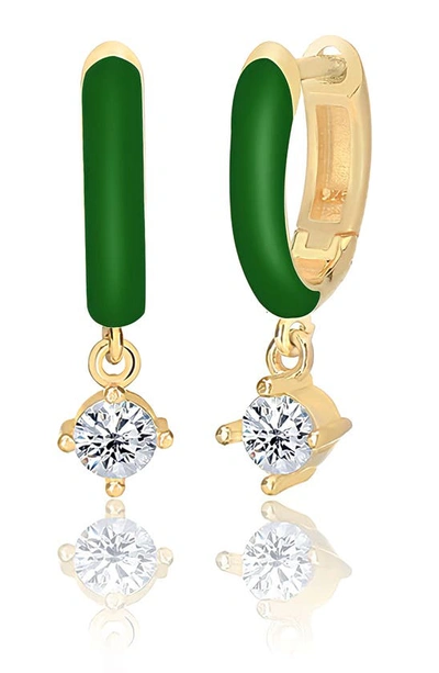 Gabi Rielle 14k Gold Plated Sterling Silver Cubic Zirconia Drop Enamel Huggie Hoop Earrings In Green