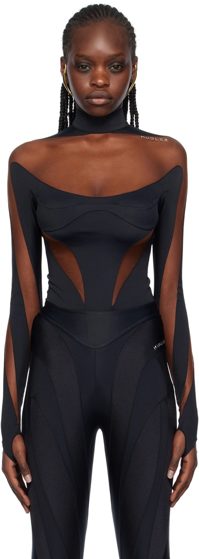 Mugler Illusion Tulle Bodysuit In Black