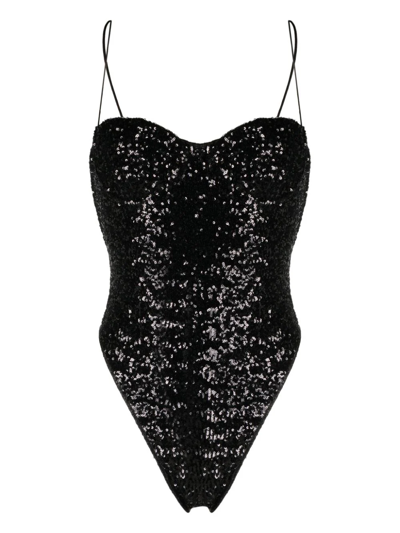 Oseree Oséree High-leg Swimsuit Embellished With Sequins In Black  