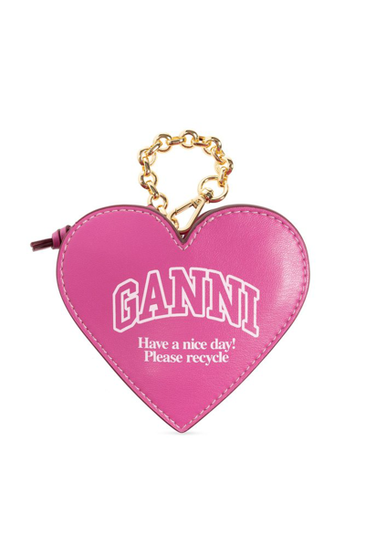 Ganni Funny Heart Zipped Coin Purse In Pink