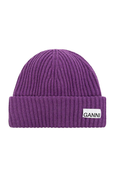 Ganni Beanie With Logo In Purple