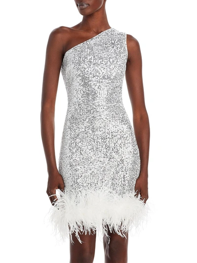 Eliza J Womens Sequined Feather Trim Fit & Flare Dress In White
