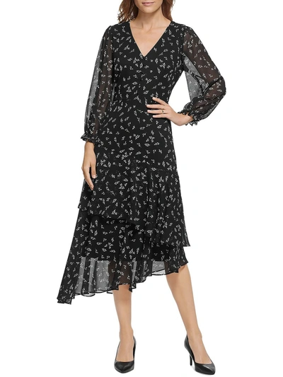 Karl Lagerfeld Womens Chiffon Printed Fit & Flare Dress In Black