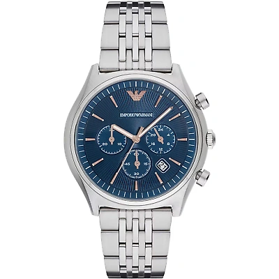 Pre-owned Emporio Armani Luxury  Ar1974 Mens Watch With Steel Chronograph And Blue Dial In Silver