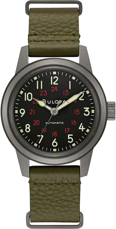 Pre-owned Bulova Men's Black Dial Leather Strap Hack Watch 98a255