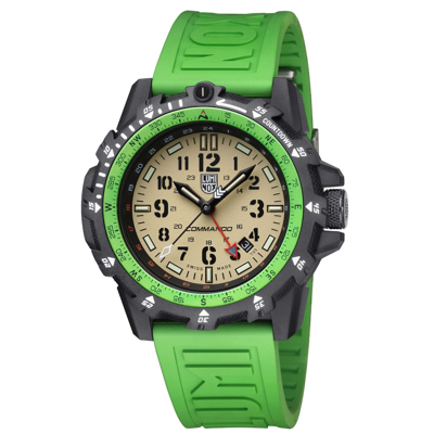 Pre-owned Luminox Men's 46mm Commando Raider Gmt Beige Dial Sapphire Crystal Green Watch