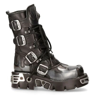 Pre-owned New Rock Newrock Rock 591-s2 Silver Flame Metal Black Leather Emo Punk Goth Boots