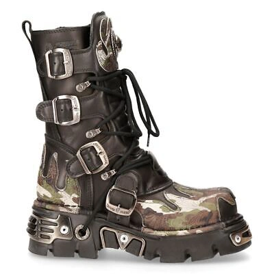 Pre-owned New Rock Newrock Newrock 591 S15 Camouflage Flame Metallic Black Leather Biker Goth Boot