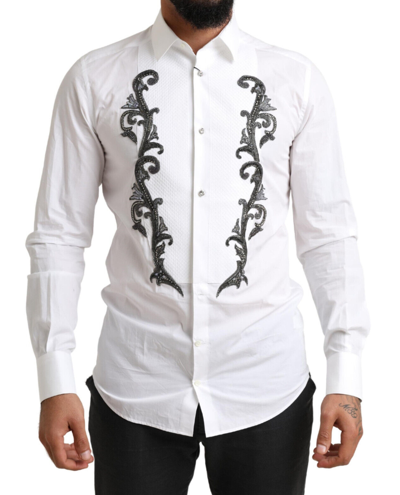 Pre-owned Dolce & Gabbana Shirt Gold White Tuxedo Slim Fit Baroque 38 / Us15 / S 2200usd