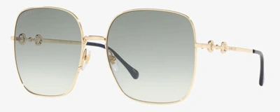 Pre-owned Gucci Gg0879s Womens Square Designer Sunglasses Shiny Gold Navy Blue/green 61 Mm