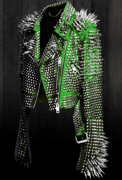 Pre-owned Brando Womens Punk Full Long Spiked Studded  Green Leather Jacket, Women Wear