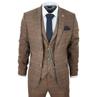 Pre-owned Truclothing Men's 3 Piece Wool Tweed Herringbone Tan Brown Blue Check 1920s Gatsbysuits In Oak