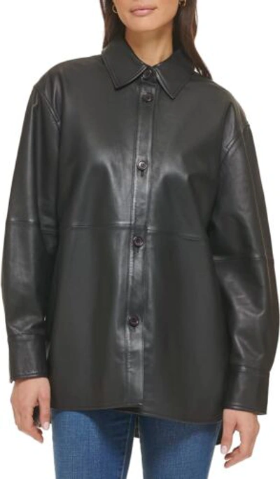 Pre-owned Cole Haan Women's Shirt Collar Button Up Leather Coat In Black